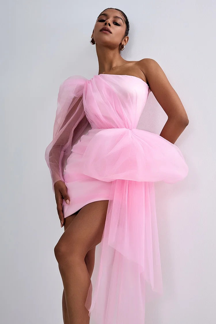 Pink Tulle One-Shoulder Bow Party Mini Dress - Amelia