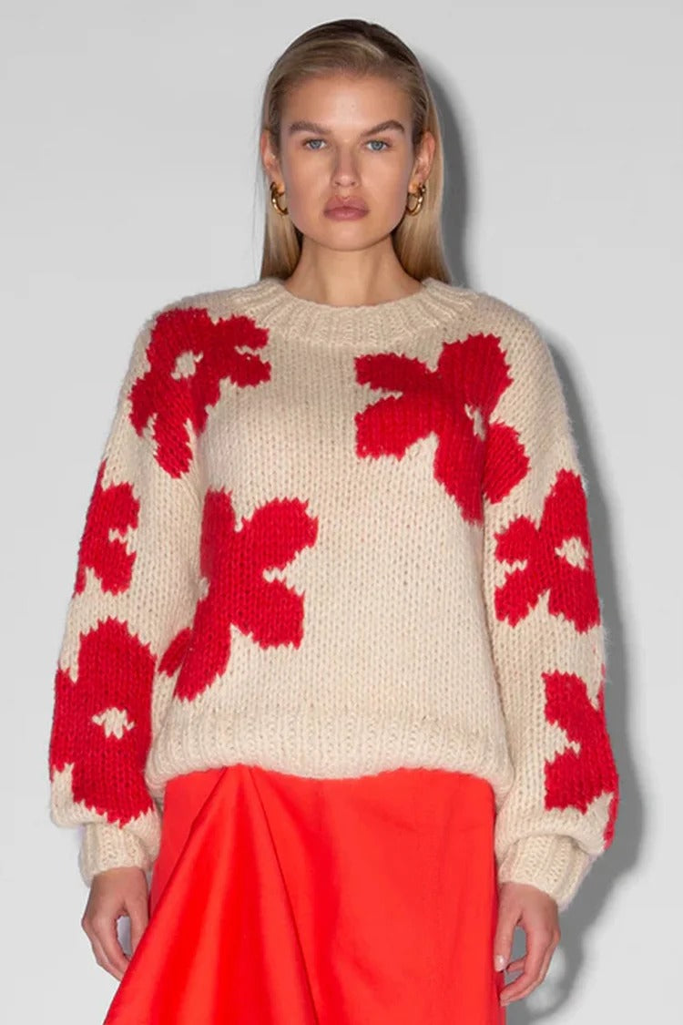 Beige Floral Knit Sweater - Clara