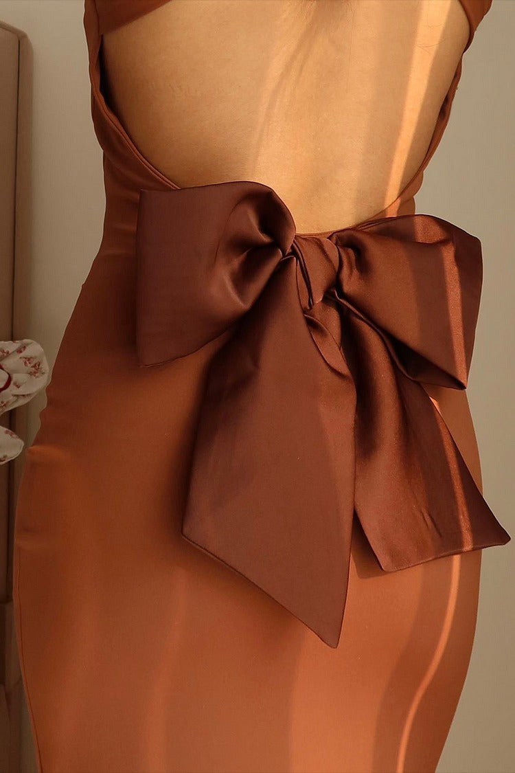 Brown Back Bow Bodycon Maxi Dress - Ava