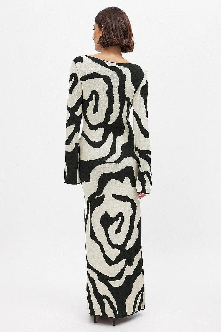 Black Abstract Pattern Knit Long Sleeve Slim Fit Sweater Maxi Dress - Chloe
