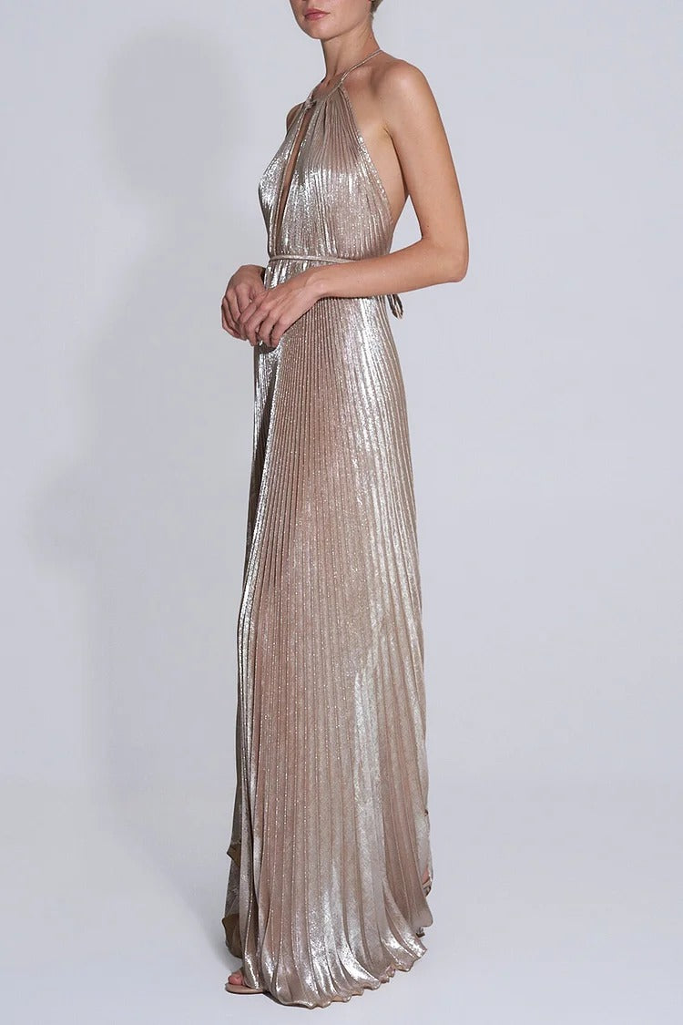 Brown Shimmering Halter Backless Maxi Dress - Liana