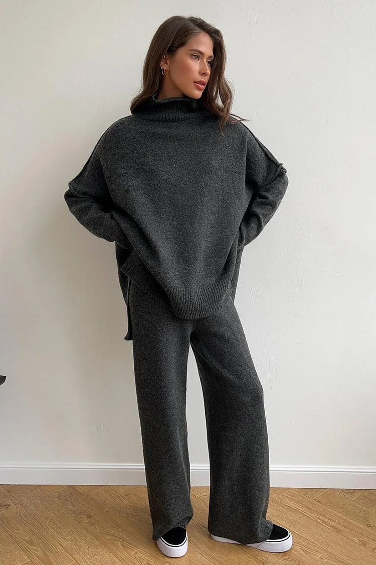 Gray Knit High Collar Sweater & Wide-Leg Pants Set - Lila