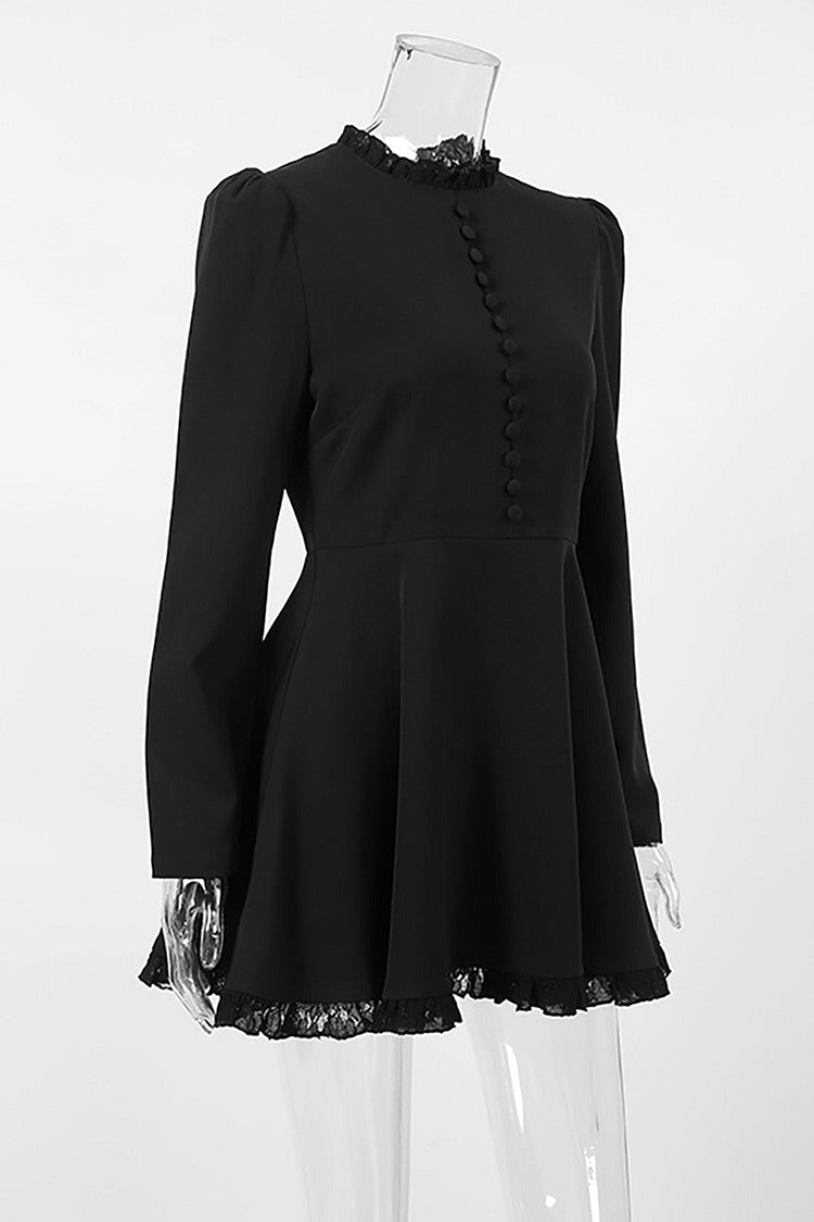 Black Frill Trim Mock Neck Mini Dress - Isabella