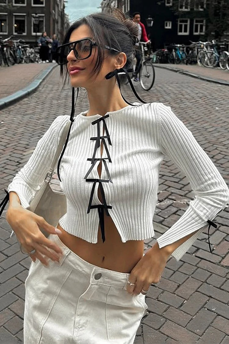 White Pleated Bow Crop Sweater - Isla