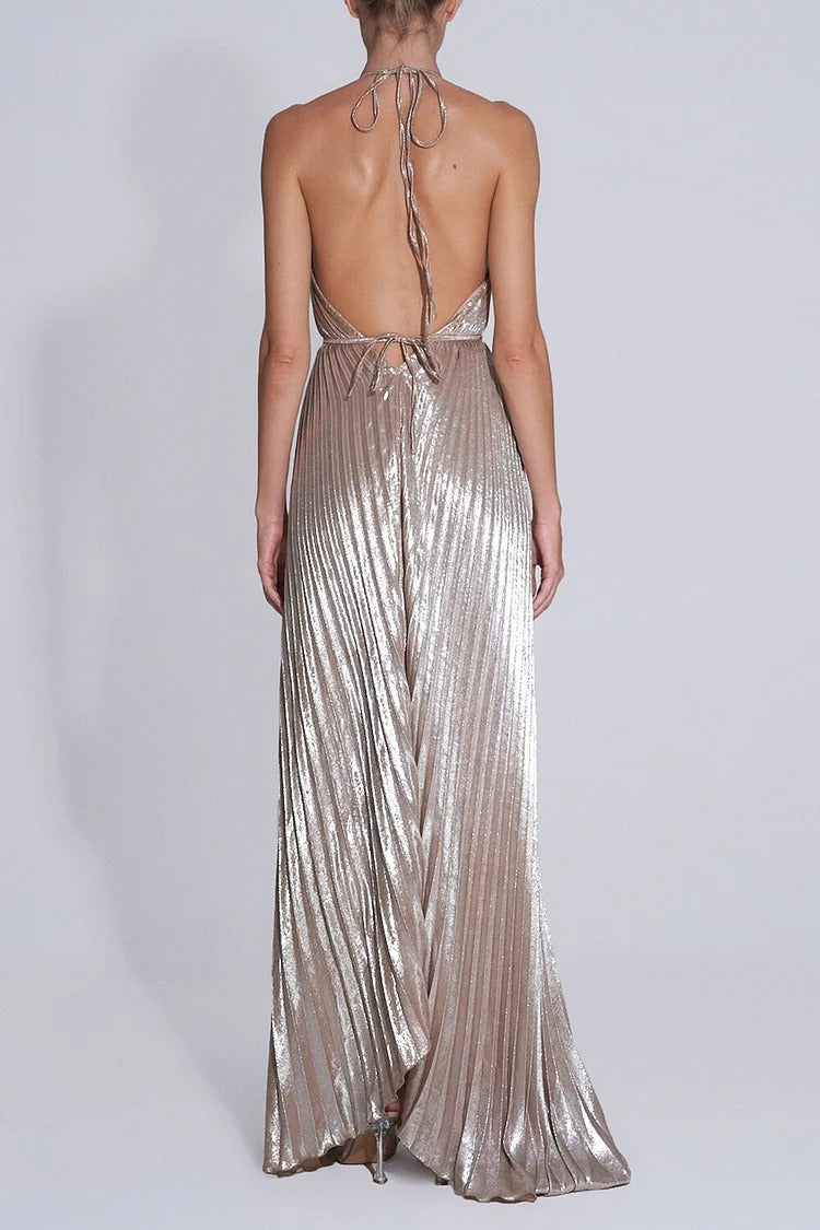 Brown Shimmering Halter Backless Maxi Dress - Liana