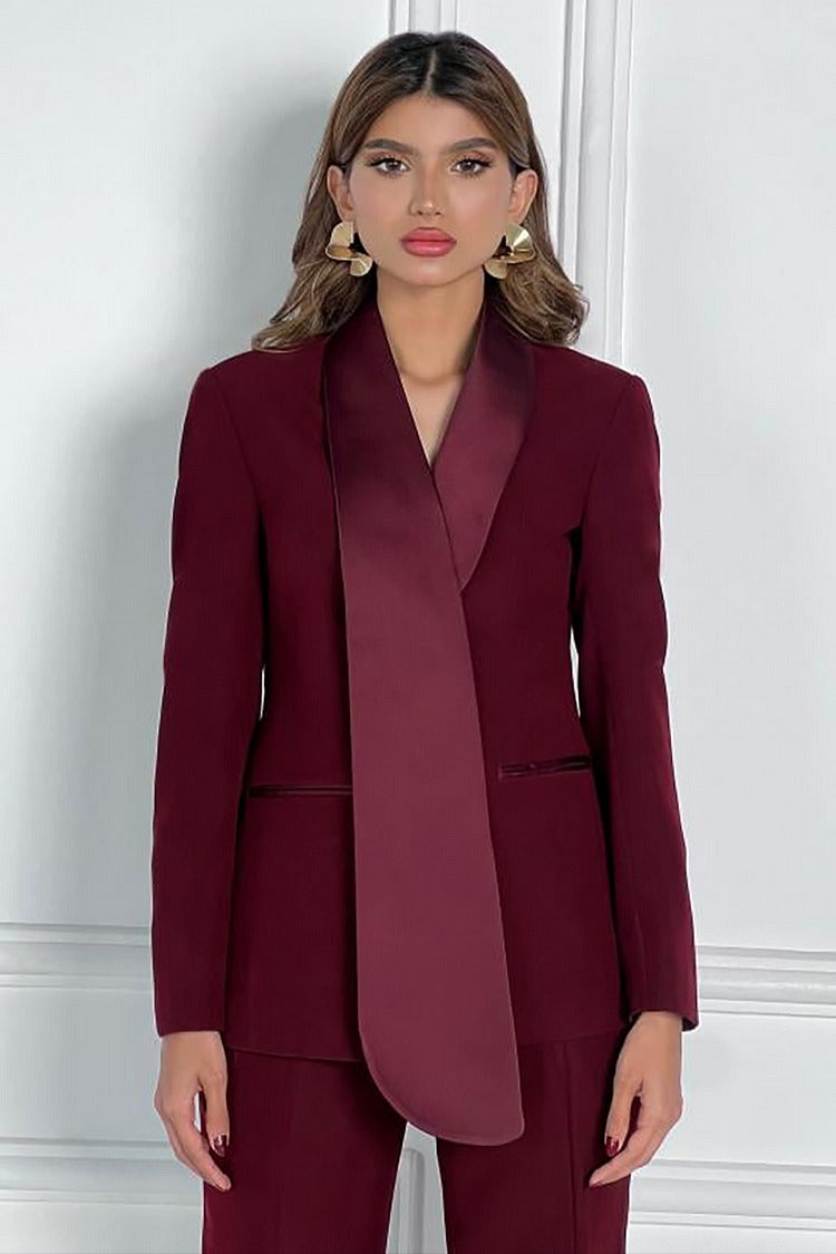 Burgundy Asymmetric Collar Blazer - Celeste
