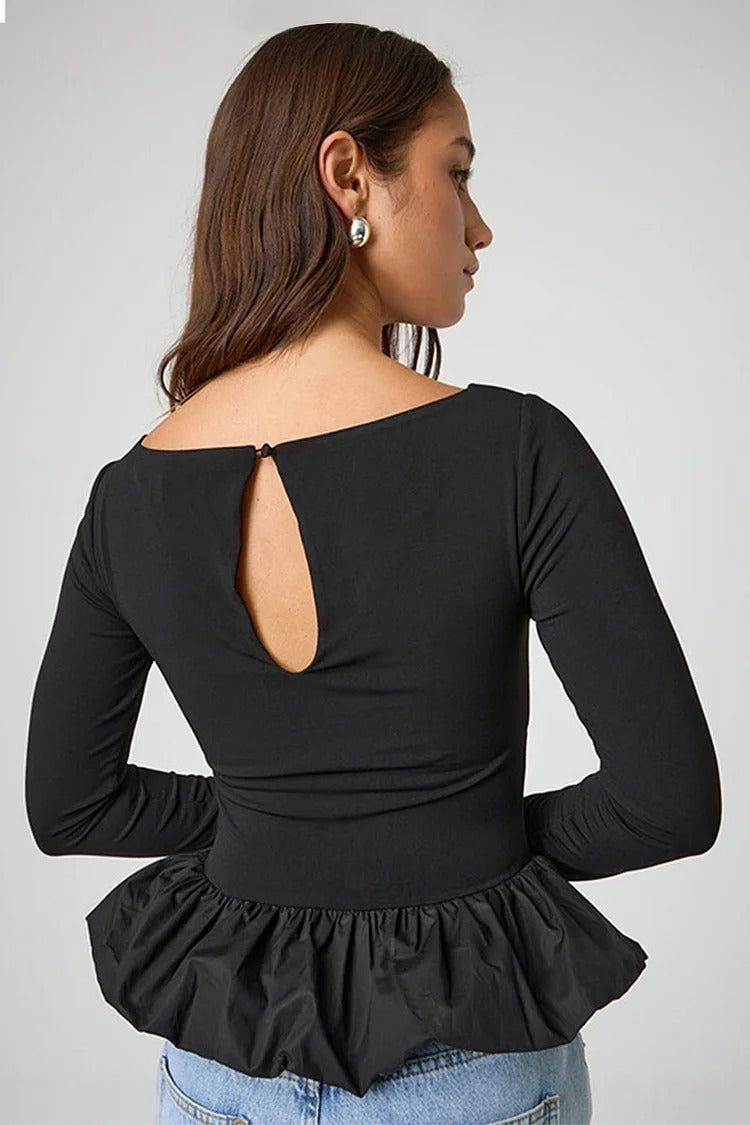 Black Ruffled Slim Fit Top - Ava