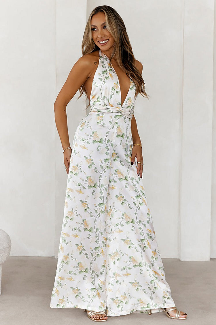 White Floral Halter Jumpsuit - Lily