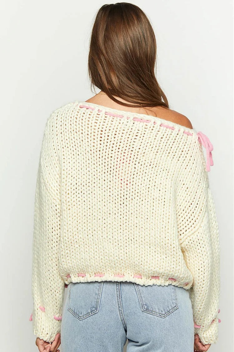 Beige Colorblock Tie-Up Knit Sweater - Ava