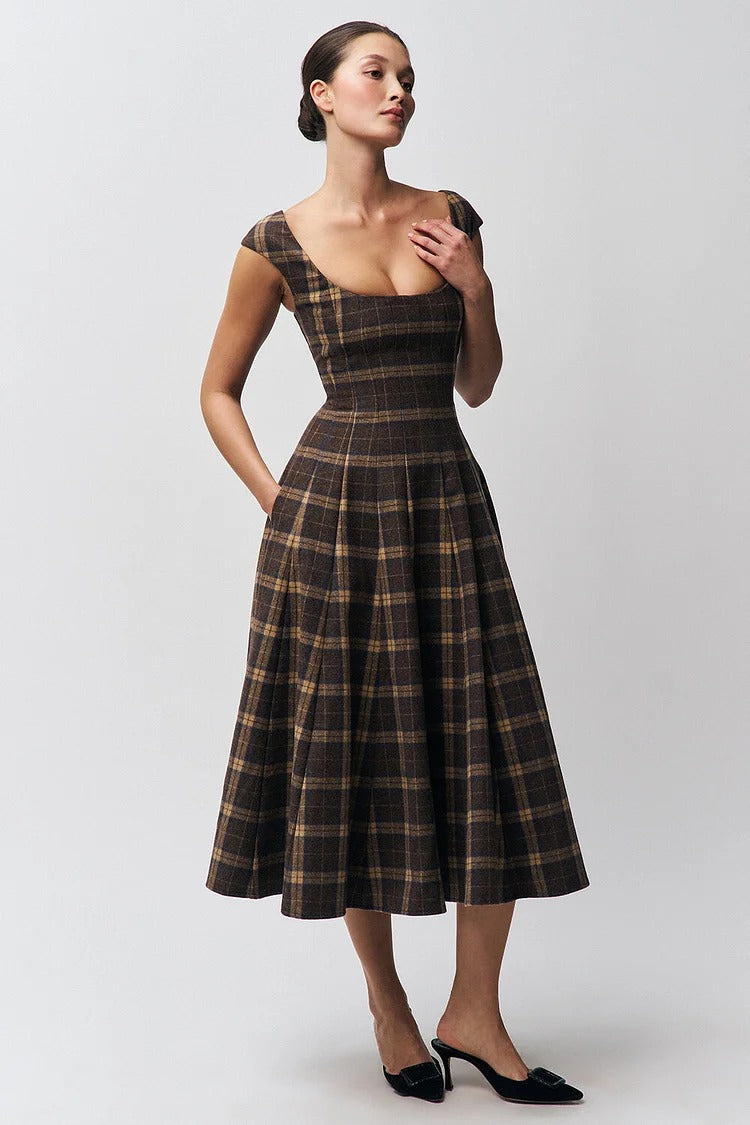 Brown Plaid Pattern A-Line Midi Dress - Sophie