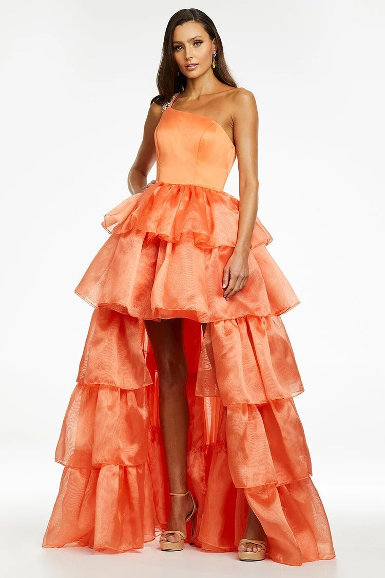 Orange Ruffled High-Low Gown - Celeste