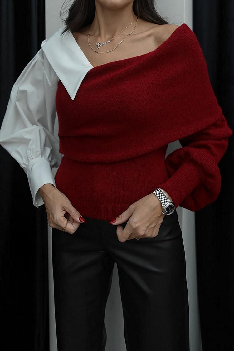 Red Lantern Sleeve Colorblock Knit Sweater - Clara