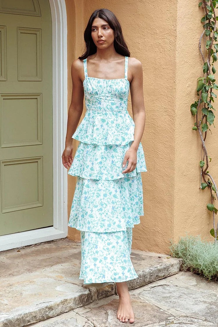 Blue Floral Square Neck Tiered Maxi Dress - Lily