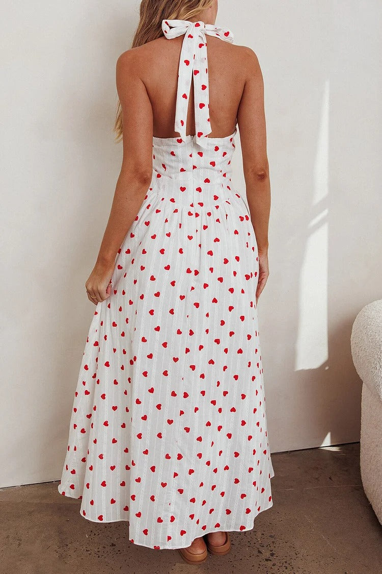 White Heart Print Halter Maxi Dress - Emma