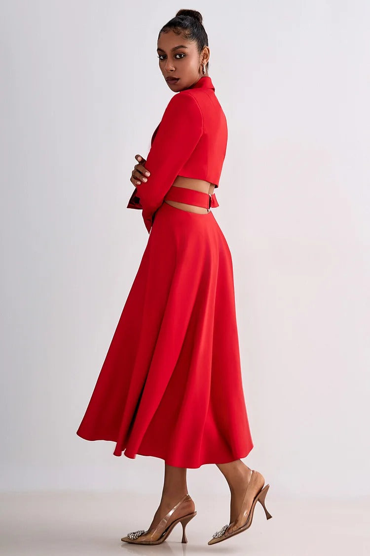 Red Notch Lapel Cutout Blazer Midi Dress - Isabelle