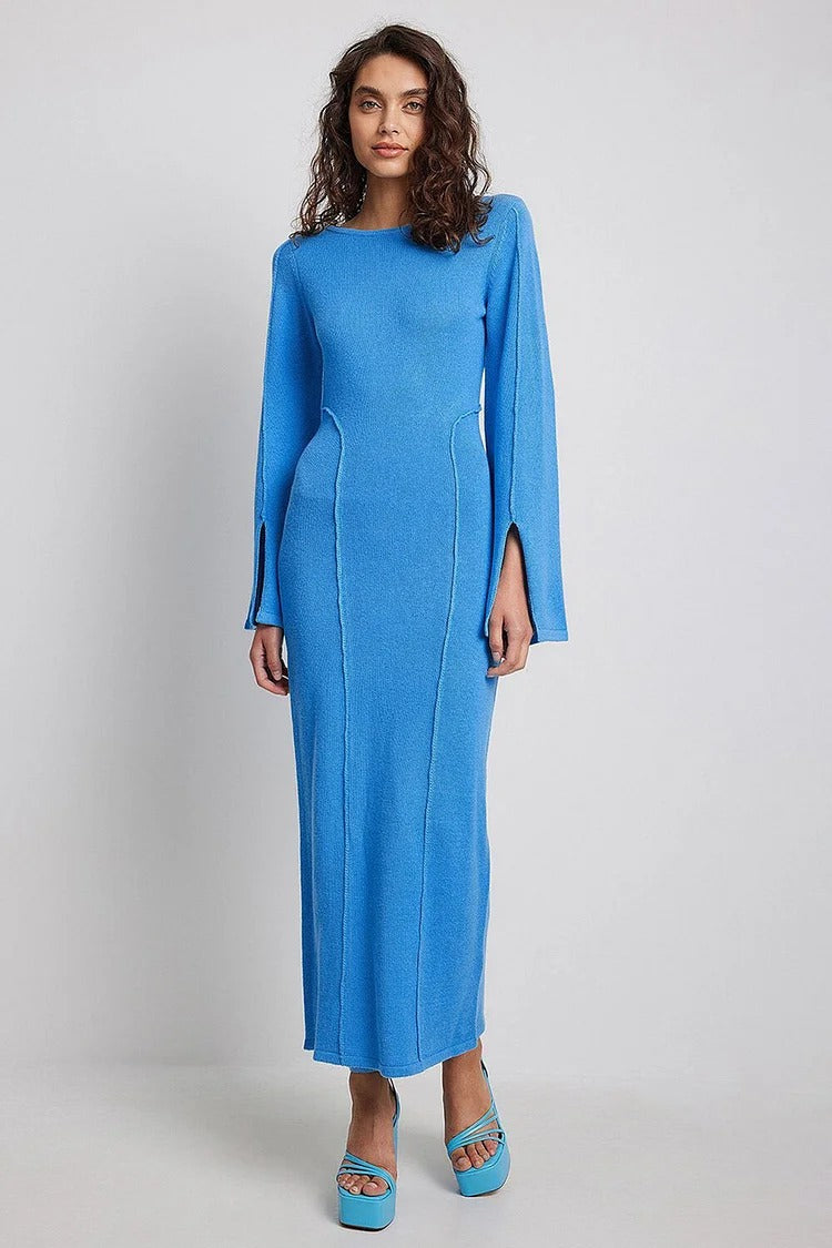Blue Knit Round Neck Wide Sleeve Slit Sweater Maxi Dress - Olivia