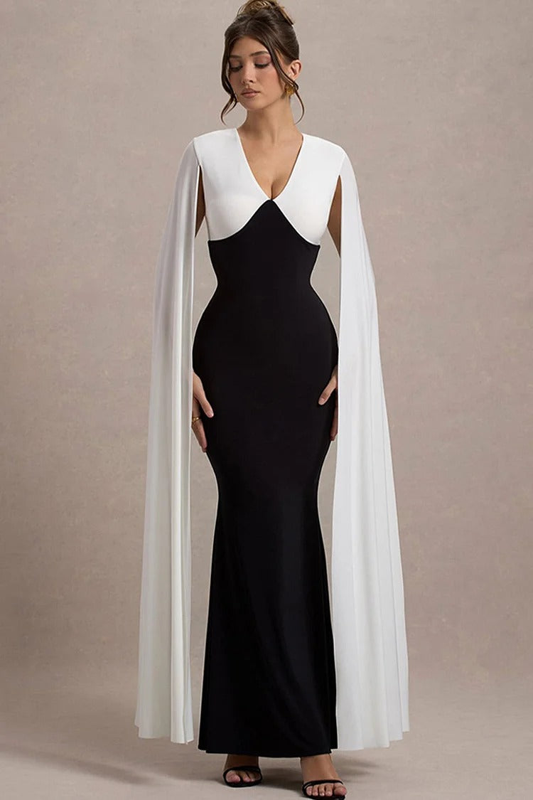 Black V Neck Cape Sleeve Fishtail Colorblock Bodycon Gown - Sophia