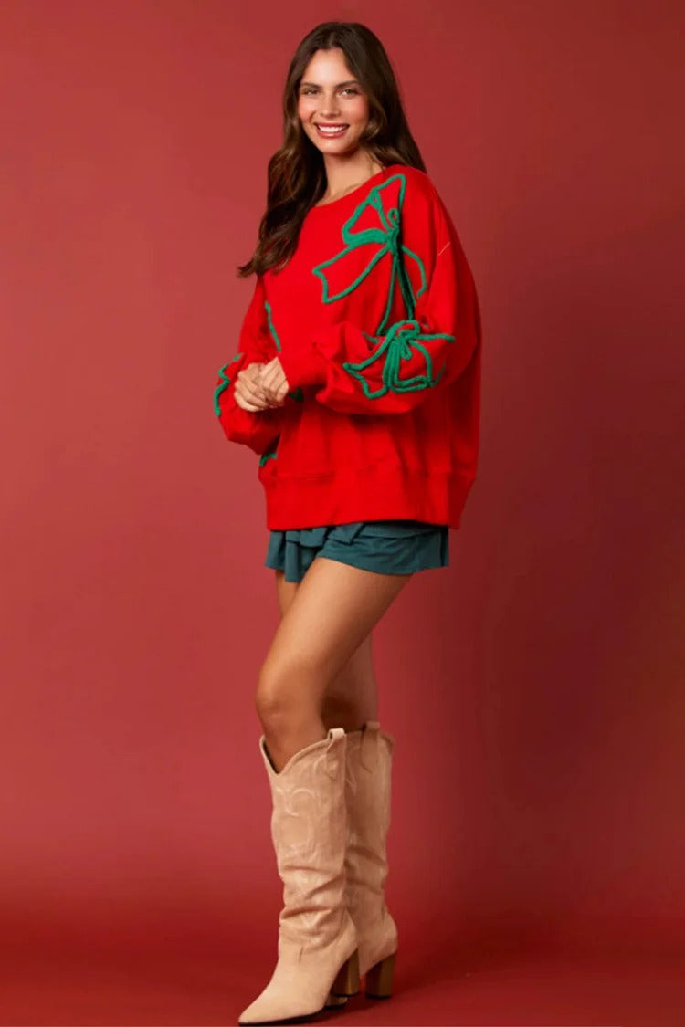 Pink Bowknot Lantern Sleeve Sweatshirt - Lily