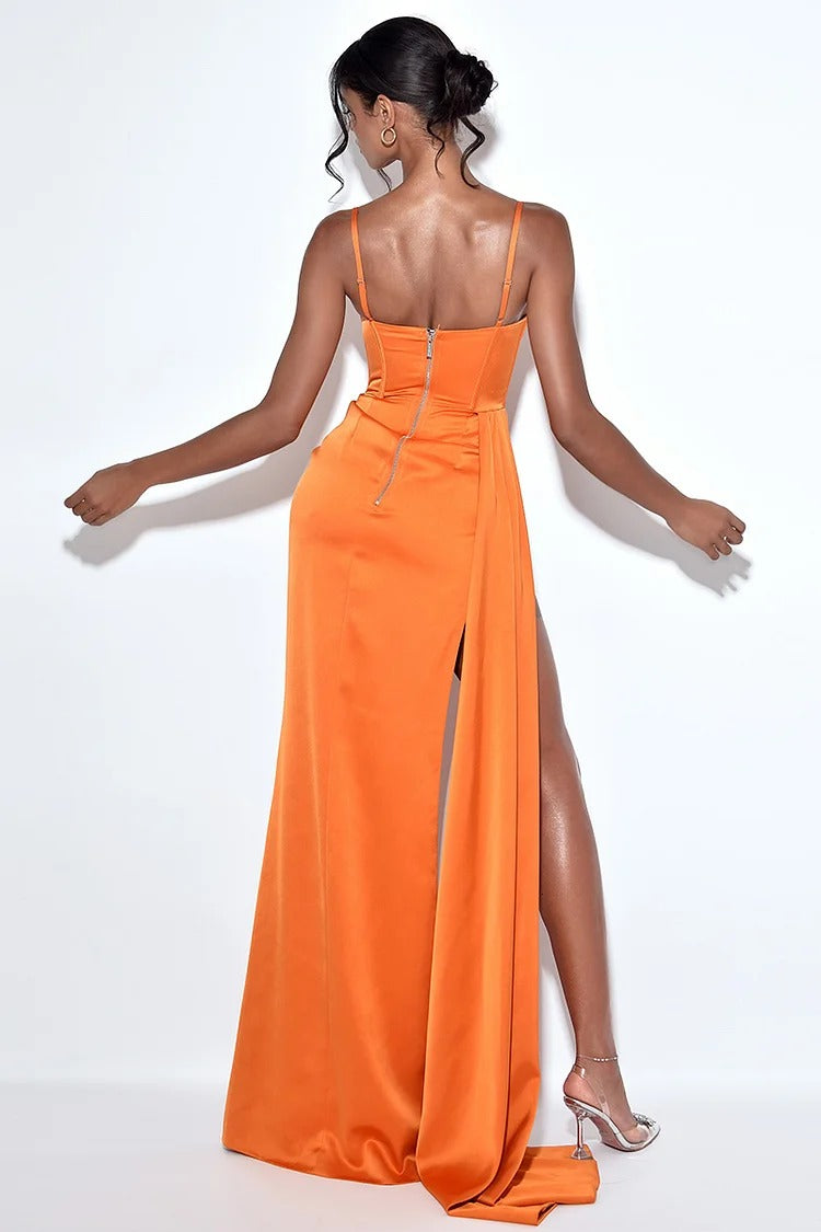 Orange Satin High-Slit Gown - Sienna