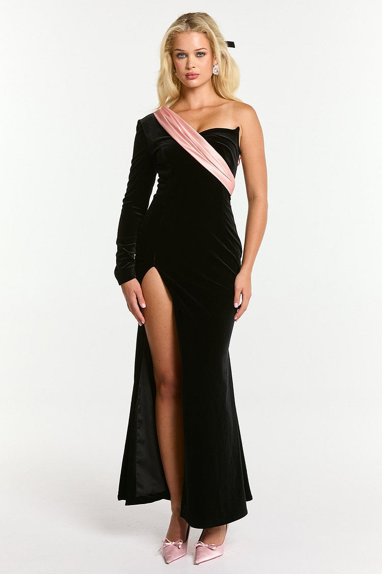 Black Velvet One-Shoulder Fishtail Dress - Harper