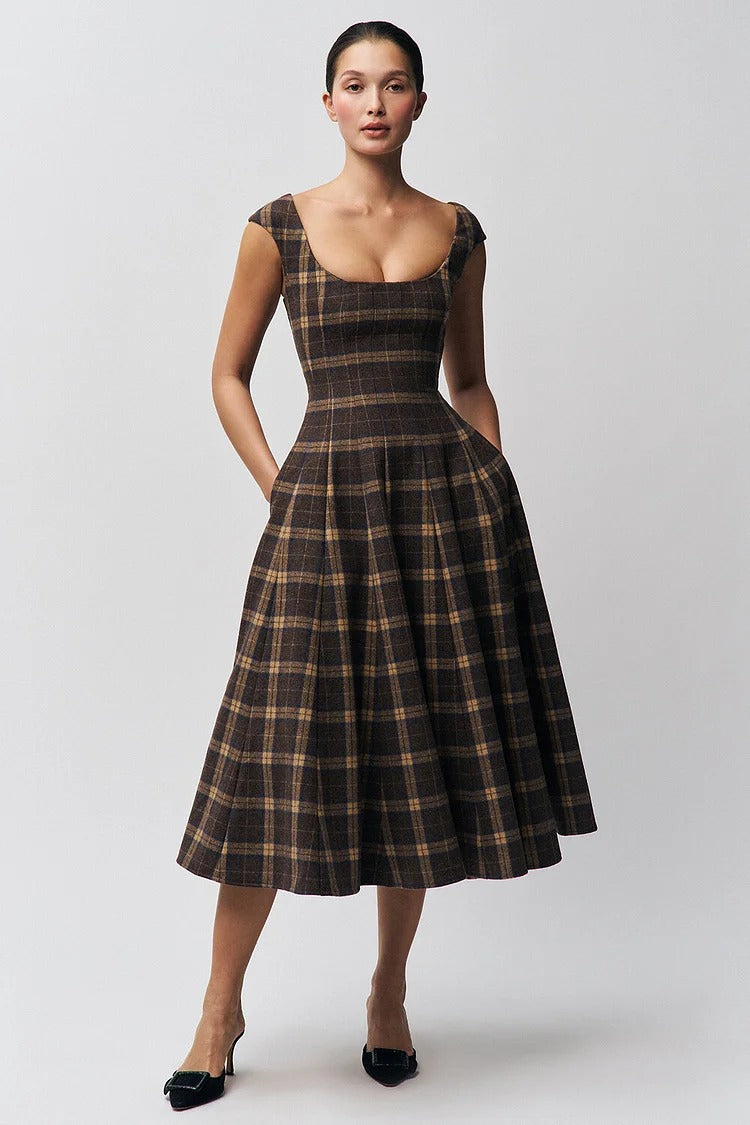 Brown Plaid Pattern A-Line Midi Dress - Sophie