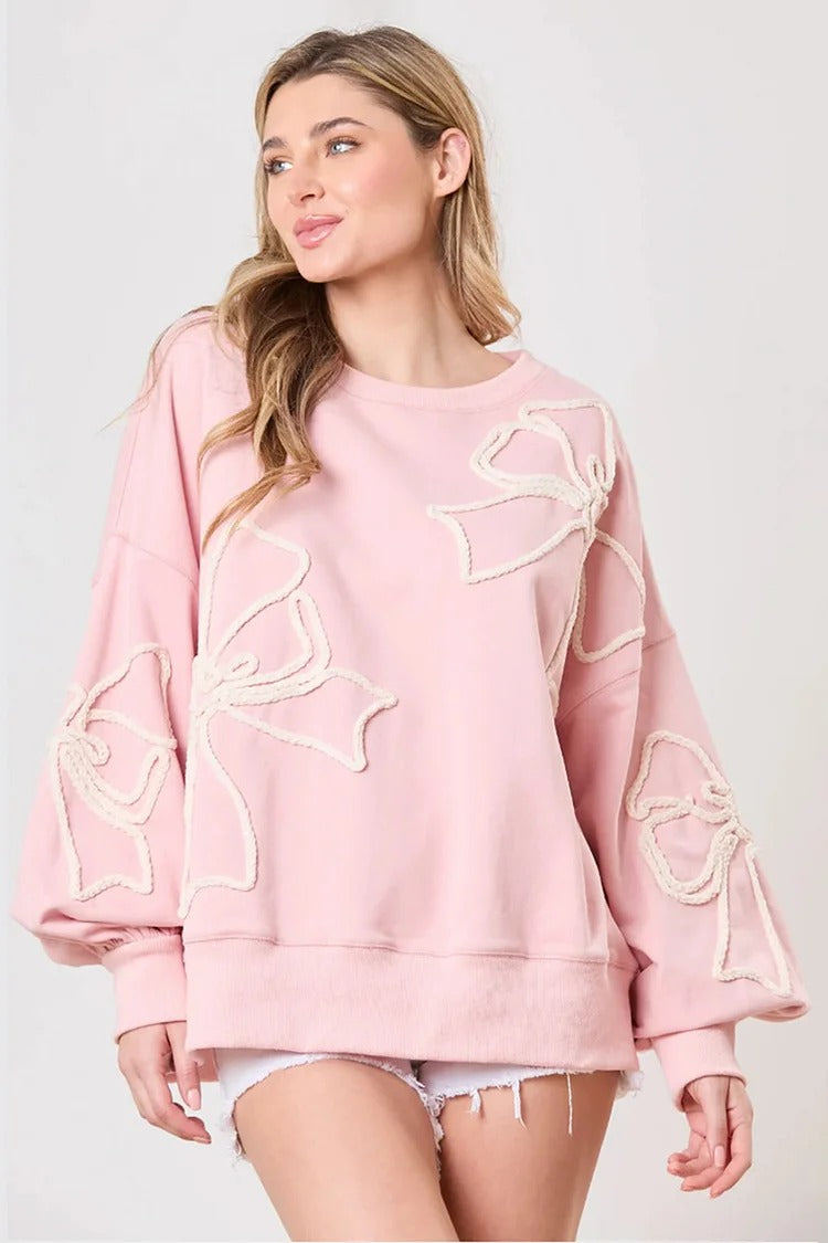 Pink Bowknot Lantern Sleeve Sweatshirt - Lily