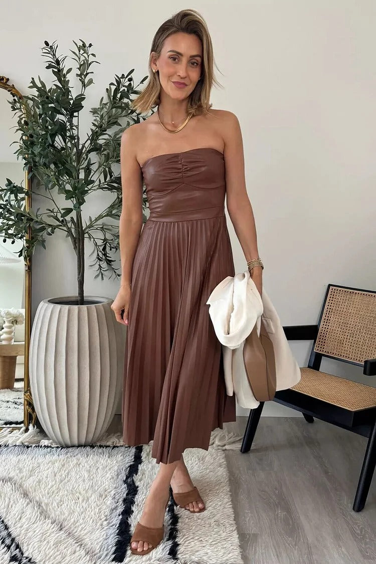 Brown Strapless Vegan Leather Midi Dress - Camille