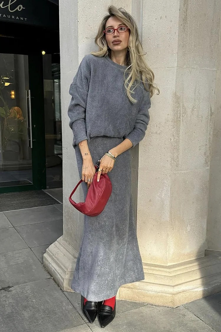 Khaki Knit Fishtail Skirt Sweater Set - Olivia