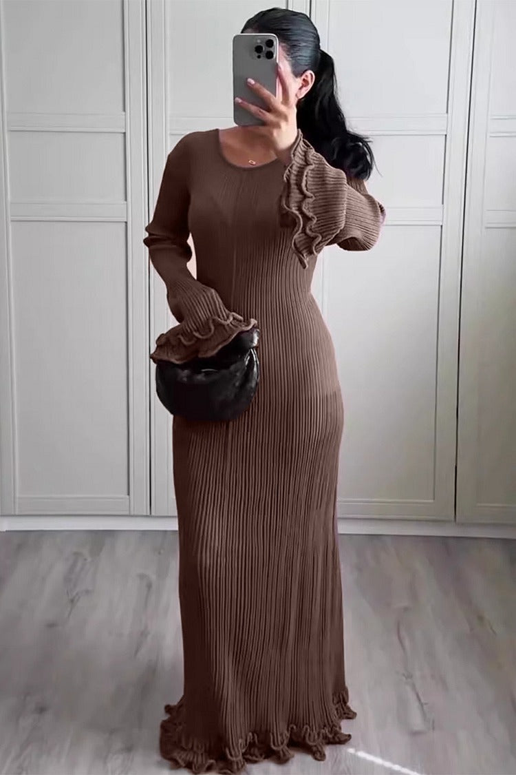 Brown Frilled Trim Flare Sleeve Pleated Backless Knit Sweater Maxi Dress - Sophia